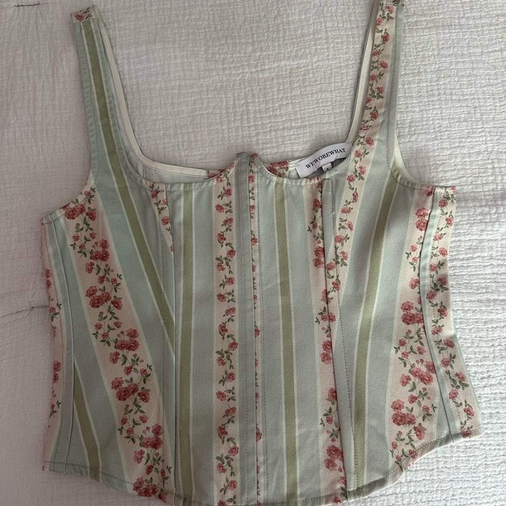 WeWoreWhat Cream and Pink Floral Striped Corset Top - Picture 2 of 4